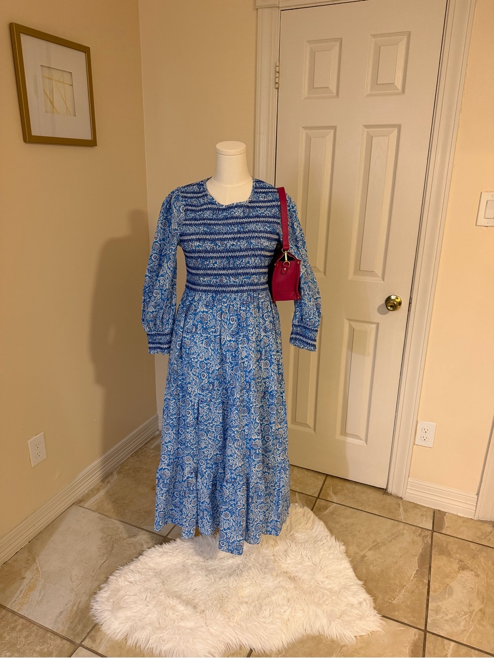 Blue Paisley Long-Sleeve Smocked Midi Dress